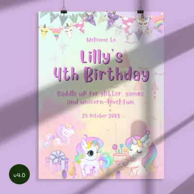 Kids Birthday Welcome Sign Unicorn Theme v4.0