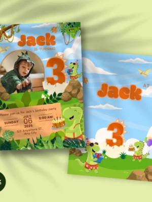 Kids Birthday Invite 3yo Cute Dinosaur Theme v1.3