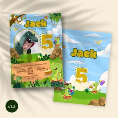 Kids Birthday Invite 5yo Cute Dinosaur Theme v1.3