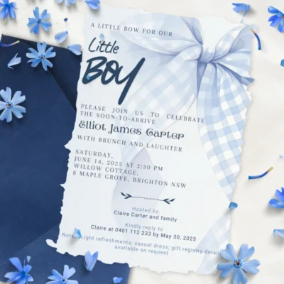 Baby Shower Invitation Blue Bow Theme v2.0