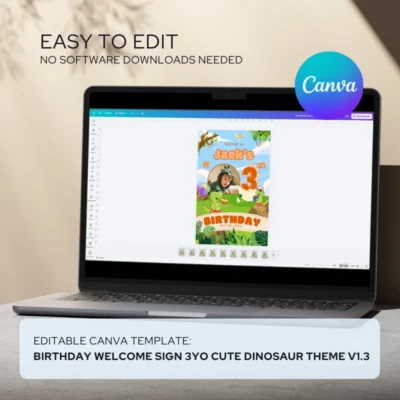 Canva Template Birthday Welcome Sign 3yo Cute Dinosaur Theme v1.3