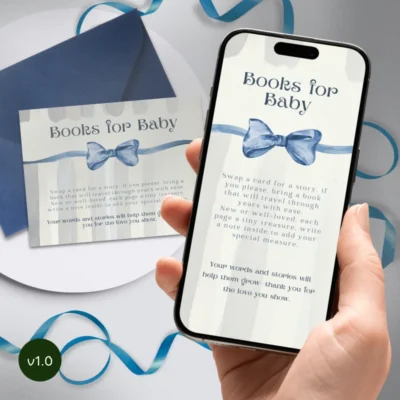 Baby Shower Books for Baby Card Blue Bow Theme v1.0