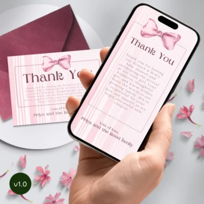 Baby Shower Thank You Card Pink Bow Theme v1.0