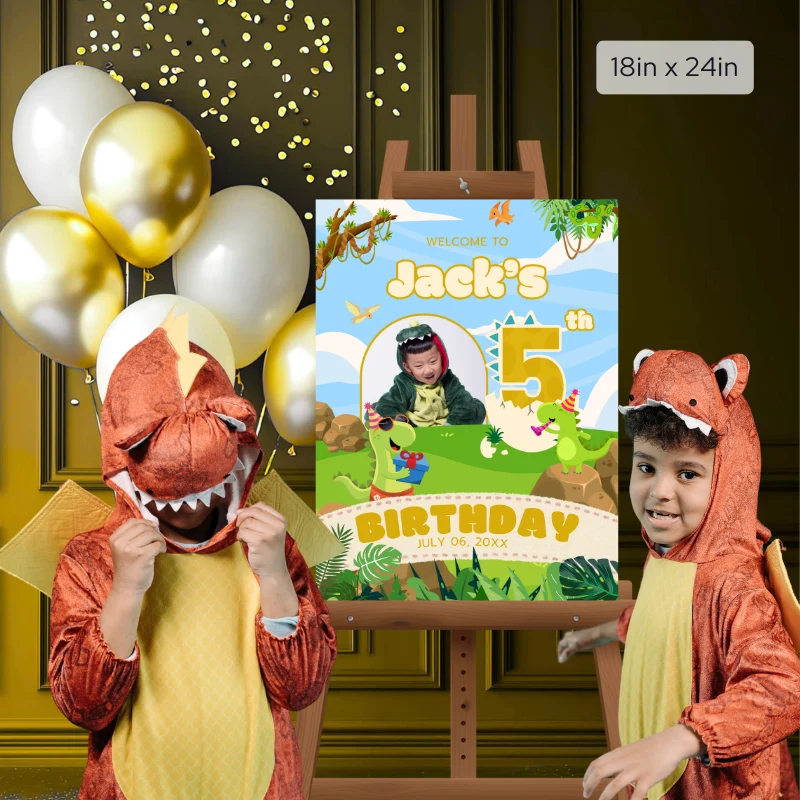 Birthday Welcome Sign 5Yo Cute Dinosaur Theme v1.2
