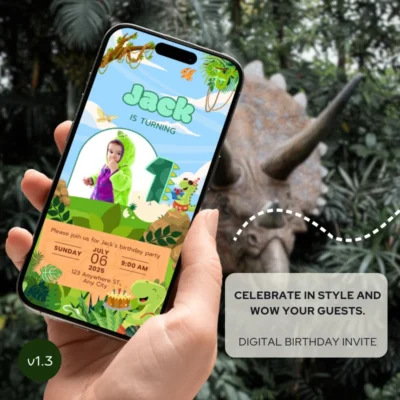 Digital Birthday Invite 1Yo Cute Dinosaur Theme v1.3
