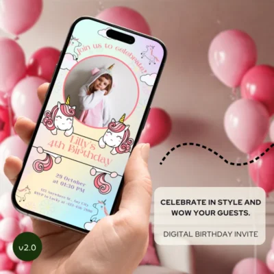 Digital Birthday Invite Unicorn Theme v2.0