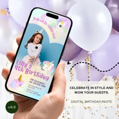 Digital Birthday Invite Unicorn Theme v4.0