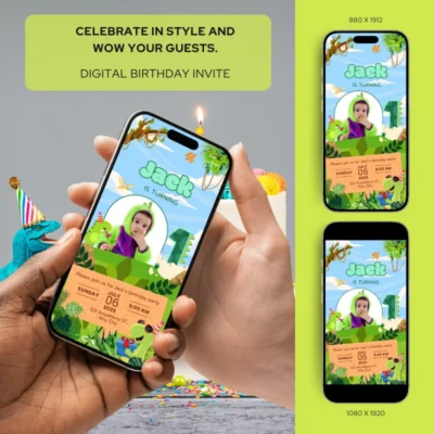 Digital Birthday Invite 1Yo Cute Dinosaur Theme v1.2