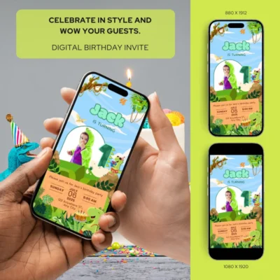 Digital Birthday Invite 1Yo Cute Dinosaur Theme v1.3