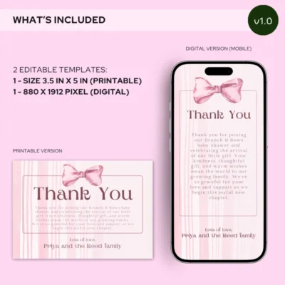 Baby Shower Thank You Card Pink Bow Theme v1.0