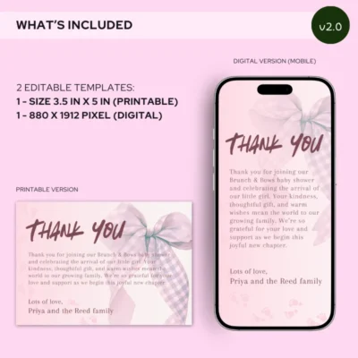 Baby Shower Thank You Card Pink Bow Theme v2.0