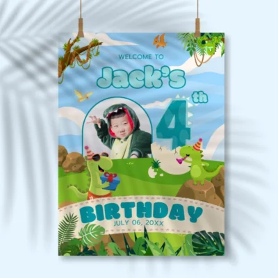Birthday Welcome Sign 4Yo Cute Dinosaur Theme v1.2