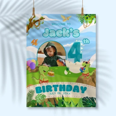 Birthday Welcome Sign 4Yo Cute Dinosaur Theme v1.3