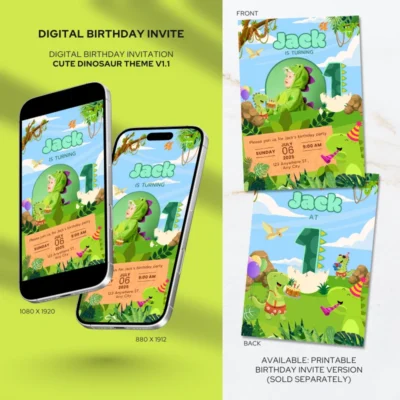 Digital Birthday Invite 1Yo Cute Dinosaur Theme v1.1