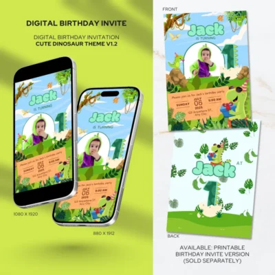 Digital Birthday Invite 1Yo Cute Dinosaur Theme v1.2