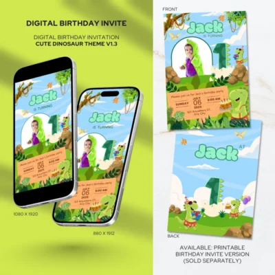 Digital Birthday Invite 1Yo Cute Dinosaur Theme v1.3