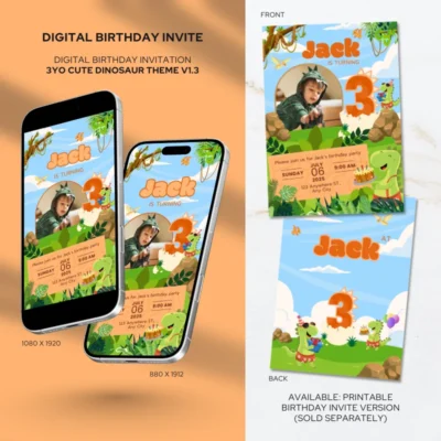 Digital Birthday Invite 3Yo Cute Dinosaur Theme v1.3
