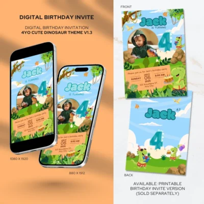 Digital Birthday Invite 4Yo Cute Dinosaur Theme v1.3