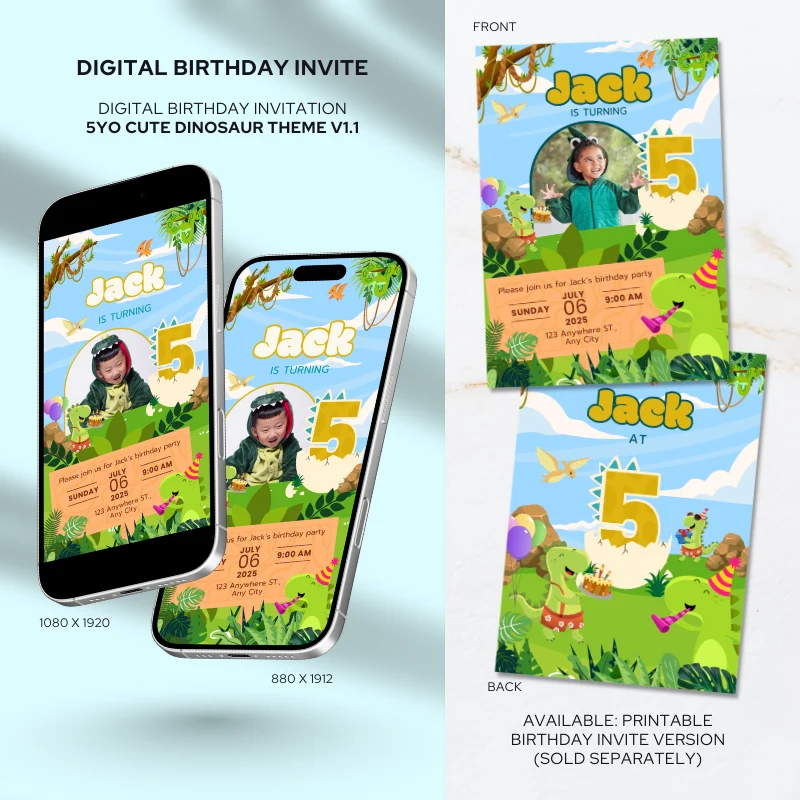 Digital Birthday Invite 5Yo Cute Dinosaur Theme v1.1
