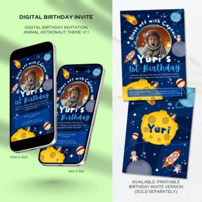 Digital Birthday Invite Animal Astronaut Theme v1.1