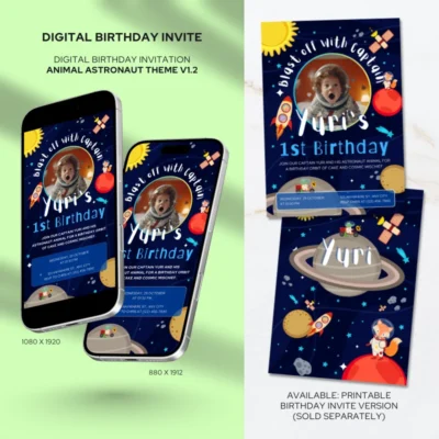Digital Birthday Invite Animal Astronaut Theme v1.2