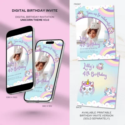 Digital Birthday Invite Unicorn Theme v3.0