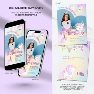 Digital Birthday Invite Unicorn Theme v4.0