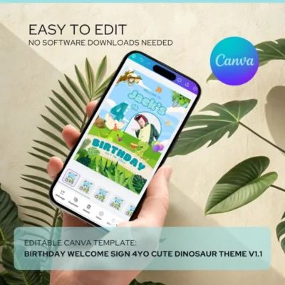 Editable Canva Template Birthday Welcome Sign 4Yo Cute Dinosaur Theme v1.1