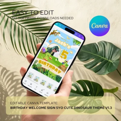 Birthday Welcome Sign 5Yo Cute Dinosaur Theme v1.2