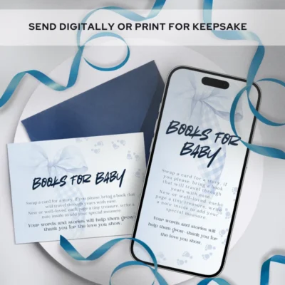 Baby Shower Books for Baby Card Blue Bow Theme v2.0