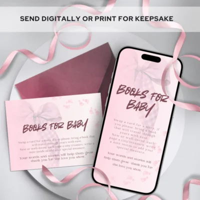 Baby Shower Books for Baby Card Pink Bow Theme v2.0